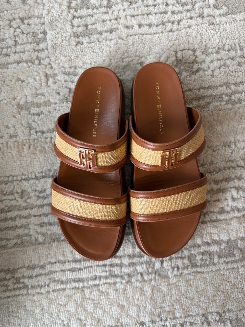 Tommy Hilfiger Tan & Beige Dual Strap Slide Sandals